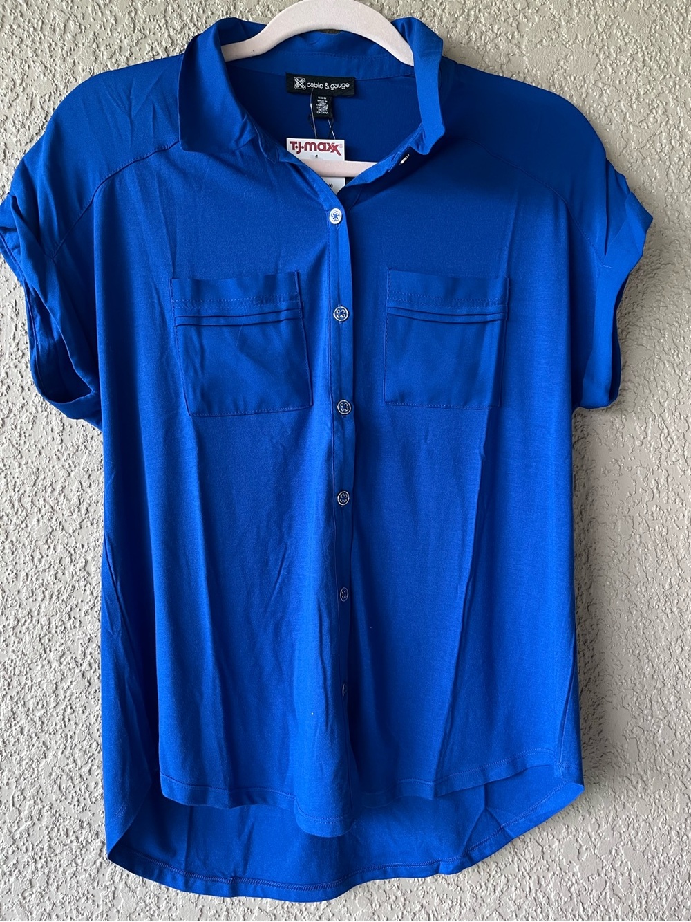 Blue Button-Front Short Sleeve Blouse